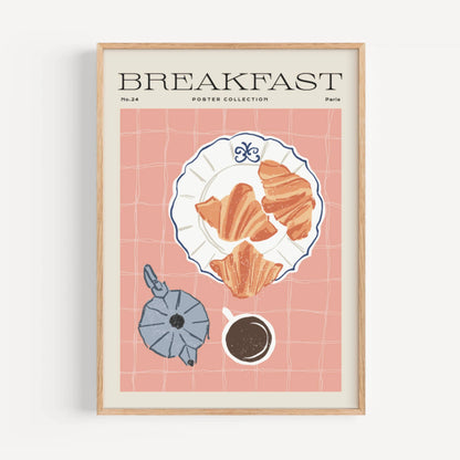Lámina decorativa cafe croissant fondo rosa