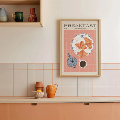 lamina decorativa ilustracion cafe y croissant retro